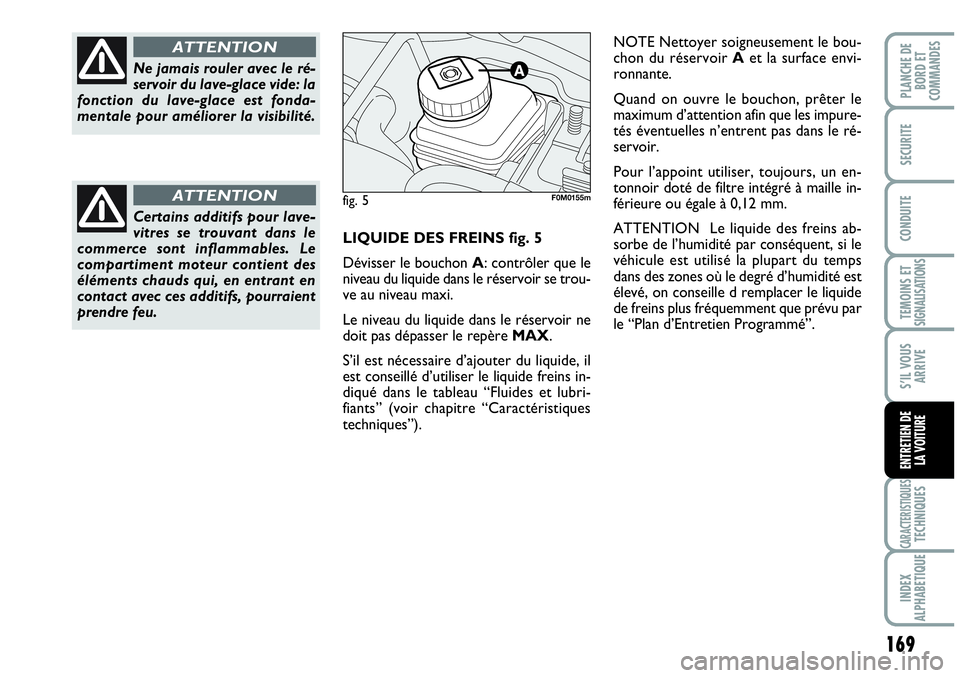 Abarth Grande Punto 2010  Notice dentretien (in French) 169
TEMOINS ET SIGNALISATIONS
CARACTERISTIQUESTECHNIQUES
INDEX 
ALPHABETIQUE
PLANCHE DE 
BORD ET 
COMMANDES
SECURITE
CONDUITE
S’IL VOUS
ARRIVE
ENTRETIEN DE 
LA VOITURE
LIQUIDE DES FREINS fig. 5
Dév