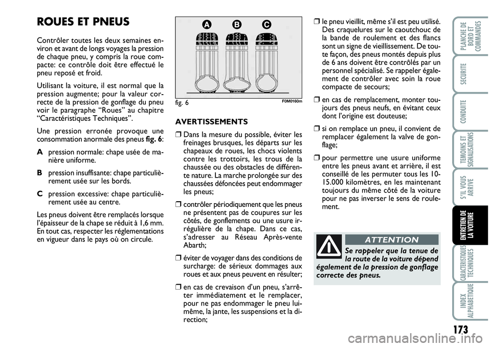 Abarth Grande Punto 2010  Notice dentretien (in French) 173
TEMOINS ET SIGNALISATIONS
CARACTERISTIQUESTECHNIQUES
INDEX 
ALPHABETIQUE
PLANCHE DE 
BORD ET 
COMMANDES
SECURITE
CONDUITE
S’IL VOUS
ARRIVE
ENTRETIEN DE 
LA VOITURE
AVERTISSEMENTS
❒Dans la mesu