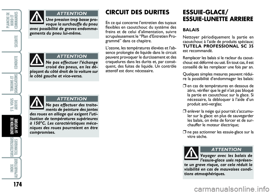 Abarth Grande Punto 2010  Notice dentretien (in French) 174
TEMOINS ET SIGNALISATIONS
CARACTERISTIQUESTECHNIQUES
INDEX 
ALPHABETIQUE
PLANCHE DE 
BORD ET 
COMMANDES
SECURITE
CONDUITE
S’IL VOUS
ARRIVE
ENTRETIEN DE 
LA VOITURE
ESSUIE-GLACE/
ESSUIE-LUNETTE A