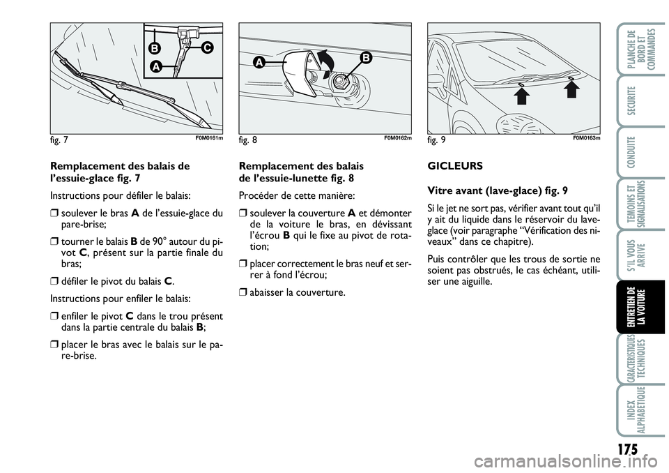Abarth Grande Punto 2010  Notice dentretien (in French) 175
TEMOINS ET SIGNALISATIONS
CARACTERISTIQUESTECHNIQUES
INDEX 
ALPHABETIQUE
PLANCHE DE 
BORD ET 
COMMANDES
SECURITE
CONDUITE
S’IL VOUS
ARRIVE
ENTRETIEN DE 
LA VOITURE
Remplacement des balais de
l