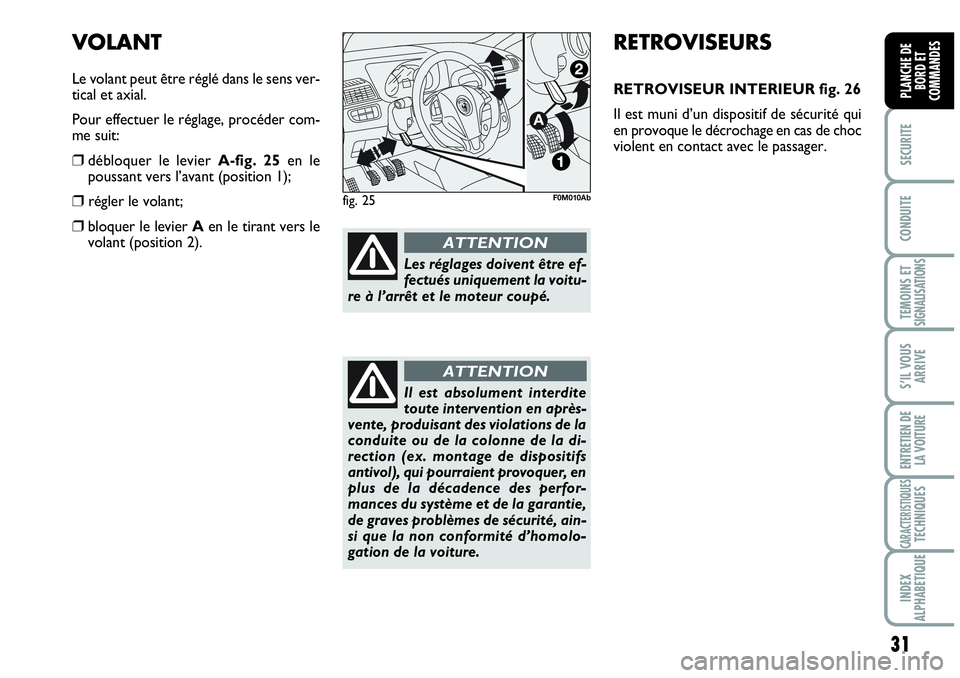 Abarth Grande Punto 2010  Notice dentretien (in French) 31
SECURITE
CONDUITE
TEMOINS ET SIGNALISATIONS
S’IL VOUS
ARRIVE
ENTRETIEN DE 
LA VOITURE
CARACTERISTIQUESTECHNIQUES
INDEX 
ALPHABETIQUE
PLANCHE DE 
BORD ET 
COMMANDES
RETROVISEURS
RETROVISEUR INTERI