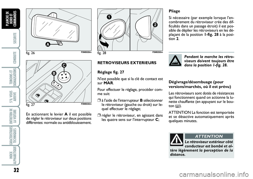 Abarth Grande Punto 2010  Notice dentretien (in French) 32
SECURITE
CONDUITE
TEMOINS ET SIGNALISATIONS
S’IL VOUS
ARRIVE
ENTRETIEN DE 
LA VOITURE
CARACTERISTIQUESTECHNIQUES
INDEX 
ALPHABETIQUE
PLANCHE DE
BORD ET
COMMANDES
En actionnant le levier Ail est p