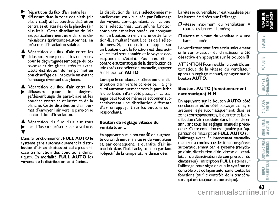 Abarth Grande Punto 2008  Notice dentretien (in French) 43
SECURITE
CONDUITE
TEMOINS ET SIGNALISATIONS
S’IL VOUS
ARRIVE
ENTRETIEN DE 
LA VOITURE
CARACTERISTIQUESTECHNIQUES
INDEX 
ALPHABETIQUE
PLANCHE DE 
BORD ET 
COMMANDES
˙Répartition du flux d’air 