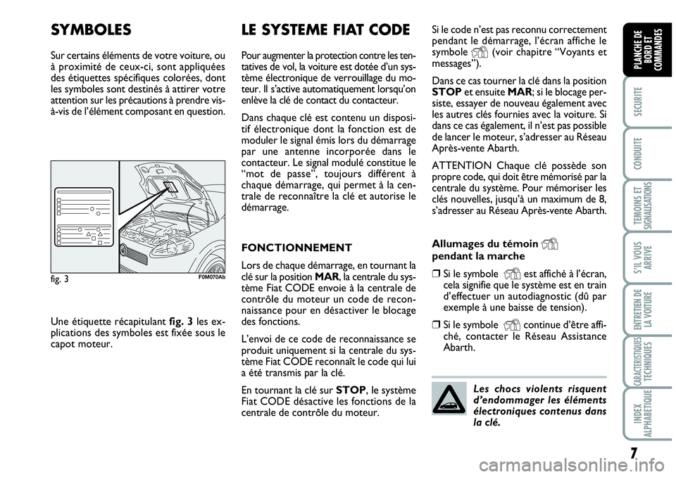 Abarth Grande Punto 2010  Notice dentretien (in French) 7
SECURITE
CONDUITE
TEMOINS ETSIGNALISATIONS
S’IL VOUS
ARRIVE
ENTRETIEN DE
LA VOITURE
CARACTERISTIQUESTECHNIQUES
INDEX 
ALPHABETIQUE
PLANCHE DE
BORD ET
COMMANDES
SYMBOLES
Sur certains éléments de 