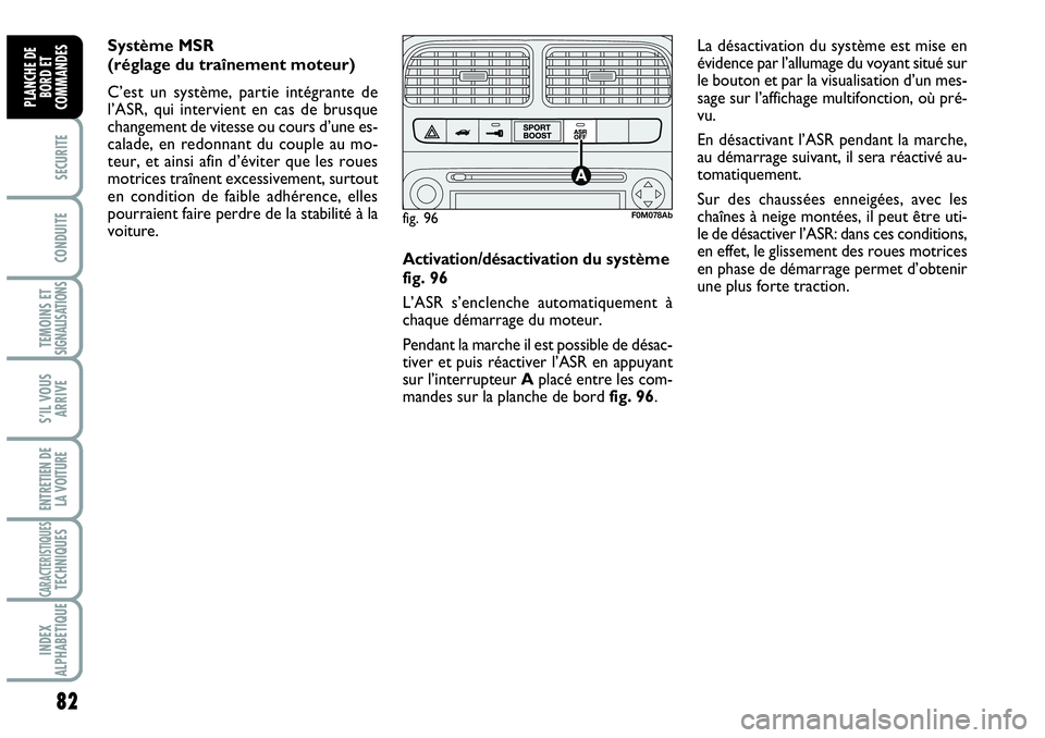 Abarth Grande Punto 2008 Notice dentretien (in French) 82
SECURITE
CONDUITE
TEMOINS ETSIGNALISATIONS
S’IL VOUS
ARRIVE
ENTRETIEN DE
LA VOITURE
CARACTERISTIQUESTECHNIQUES
INDEX
ALPHABETIQUE
PLANCHE DE
BORD ET
COMMANDES
Système MSR
(réglage du traînem Abarth Grande Punto 2008 Notice dentretien (in French) 82
SECURITE
CONDUITE
TEMOINS ETSIGNALISATIONS
S’IL VOUS
ARRIVE
ENTRETIEN DE
LA VOITURE
CARACTERISTIQUESTECHNIQUES
INDEX
ALPHABETIQUE
PLANCHE DE
BORD ET
COMMANDES
Système MSR
(réglage du traînem