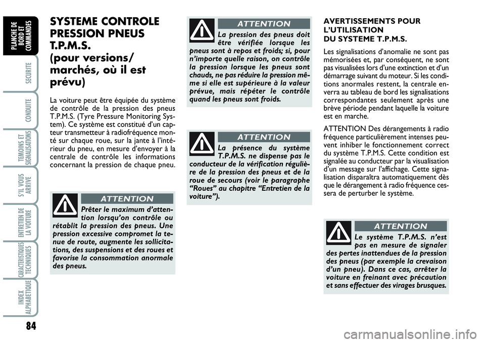 Abarth Grande Punto 2007  Notice dentretien (in French) 84
SECURITE
CONDUITE
TEMOINS ETSIGNALISATIONS
S’IL VOUS
ARRIVE
ENTRETIEN DE
LA VOITURE
CARACTERISTIQUESTECHNIQUES
INDEX 
ALPHABETIQUE
PLANCHE DE
BORD ET
COMMANDES
SYSTEME CONTROLE
PRESSION PNEUS
T.P