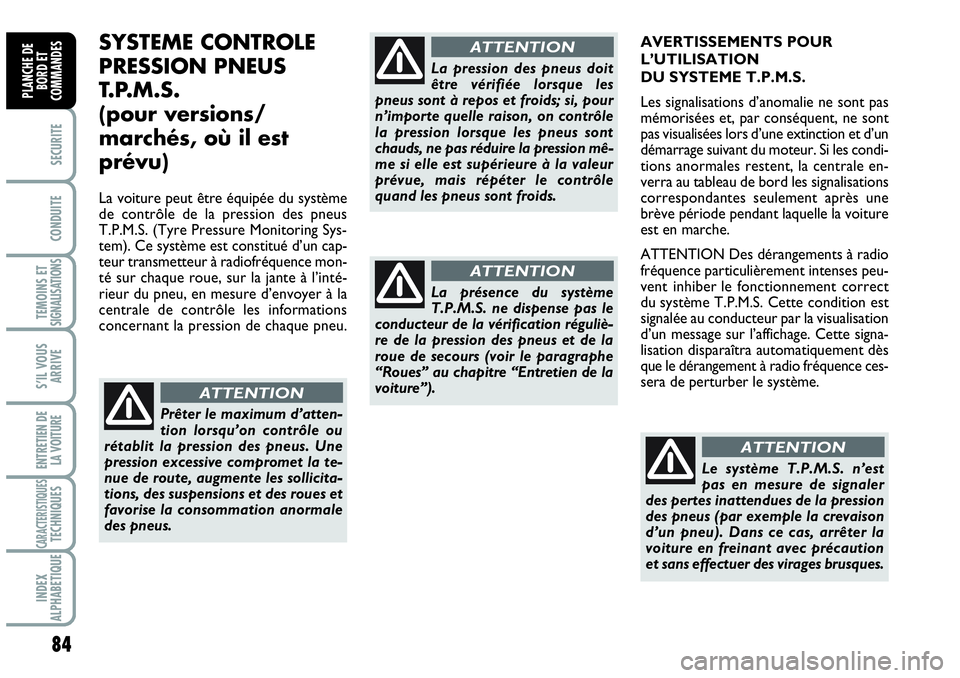 Abarth Grande Punto 2010 Notice dentretien (in French) 84
SECURITE
CONDUITE
TEMOINS ETSIGNALISATIONS
S’IL VOUS
ARRIVE
ENTRETIEN DE
LA VOITURE
CARACTERISTIQUESTECHNIQUES
INDEX
ALPHABETIQUE
PLANCHE DE
BORD ET
COMMANDES
SYSTEME CONTROLE
PRESSION PNEUS
T.P Abarth Grande Punto 2010 Notice dentretien (in French) 84
SECURITE
CONDUITE
TEMOINS ETSIGNALISATIONS
S’IL VOUS
ARRIVE
ENTRETIEN DE
LA VOITURE
CARACTERISTIQUESTECHNIQUES
INDEX
ALPHABETIQUE
PLANCHE DE
BORD ET
COMMANDES
SYSTEME CONTROLE
PRESSION PNEUS
T.P