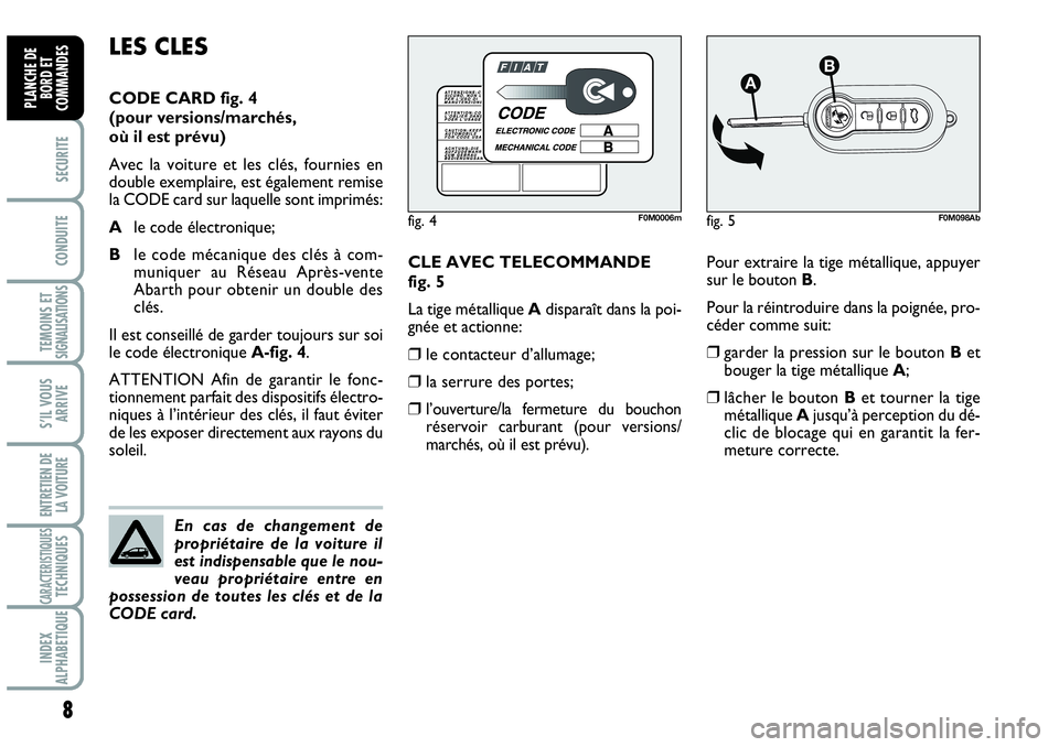 Abarth Grande Punto 2007  Notice dentretien (in French) 8
SECURITE
CONDUITE
TEMOINS ETSIGNALISATIONS
S’IL VOUS
ARRIVE
ENTRETIEN DE
LA VOITURE
CARACTERISTIQUESTECHNIQUES
INDEX
ALPHABETIQUE
PLANCHE DE
BORD ET
COMMANDES
Pour extraire la tige métallique, ap