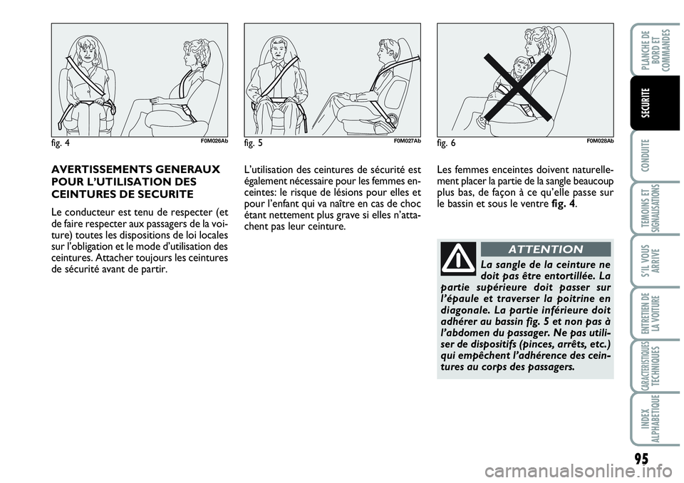 Abarth Grande Punto 2008  Notice dentretien (in French) 95
CONDUITE
TEMOINS ET SIGNALISATIONS
S’IL VOUS
ARRIVE
ENTRETIEN DE 
LA VOITURE
CARACTERISTIQUESTECHNIQUES
INDEX 
ALPHABETIQUE
PLANCHE DE 
BORD ET 
COMMANDES
SECURITE
AVERTISSEMENTS GENERAUX
POUR L