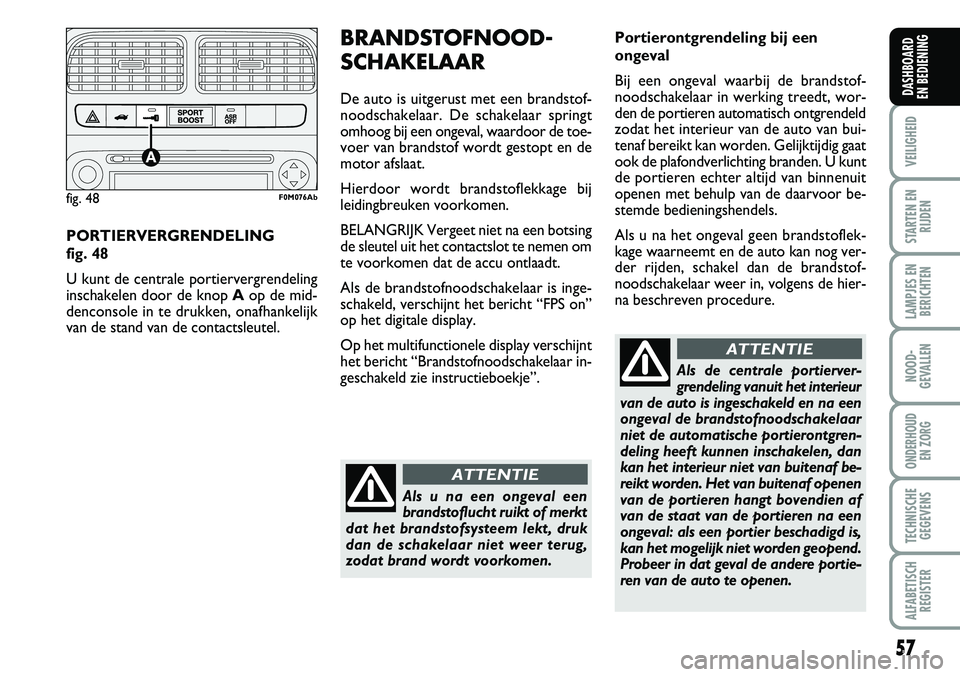 Abarth Grande Punto 2008  Instructieboek (in Dutch) 57
VEILIGHEID
STARTEN ENRIJDEN
LAMPJES ENBERICHTEN
NOOD-
GEVALLEN
ONDERHOUD  EN ZORG
TECHNISCHEGEGEVENS
ALFABETISCH REGISTER
DASHBOARD 
EN BEDIENING 
Portierontgrendeling bij een
ongeval
Bij een ongev