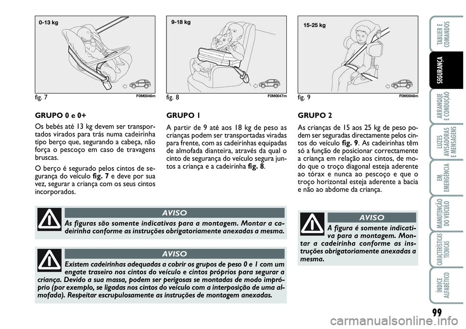 Abarth Grande Punto 2009 Manual de Uso e Manutenção (in Portuguese) 99
ARRANQUE
E CONDUÇÃO
LUZES
AVISADORAS
E MENSAGENS
EM
EMERGÊNCIA
MANUTENÇÃO
DO VEÍCULO
CARACTERÍSTICAS
TÉCNICAS
ÍNDICE
ALFABÉTICO
TABLIER E
COMANDOS
SEGURANÇA
GRUPO 0 e 0+
Os bebés até Abarth Grande Punto 2009 Manual de Uso e Manutenção (in Portuguese) 99
ARRANQUE
E CONDUÇÃO
LUZES
AVISADORAS
E MENSAGENS
EM
EMERGÊNCIA
MANUTENÇÃO
DO VEÍCULO
CARACTERÍSTICAS
TÉCNICAS
ÍNDICE
ALFABÉTICO
TABLIER E
COMANDOS
SEGURANÇA
GRUPO 0 e 0+
Os bebés até