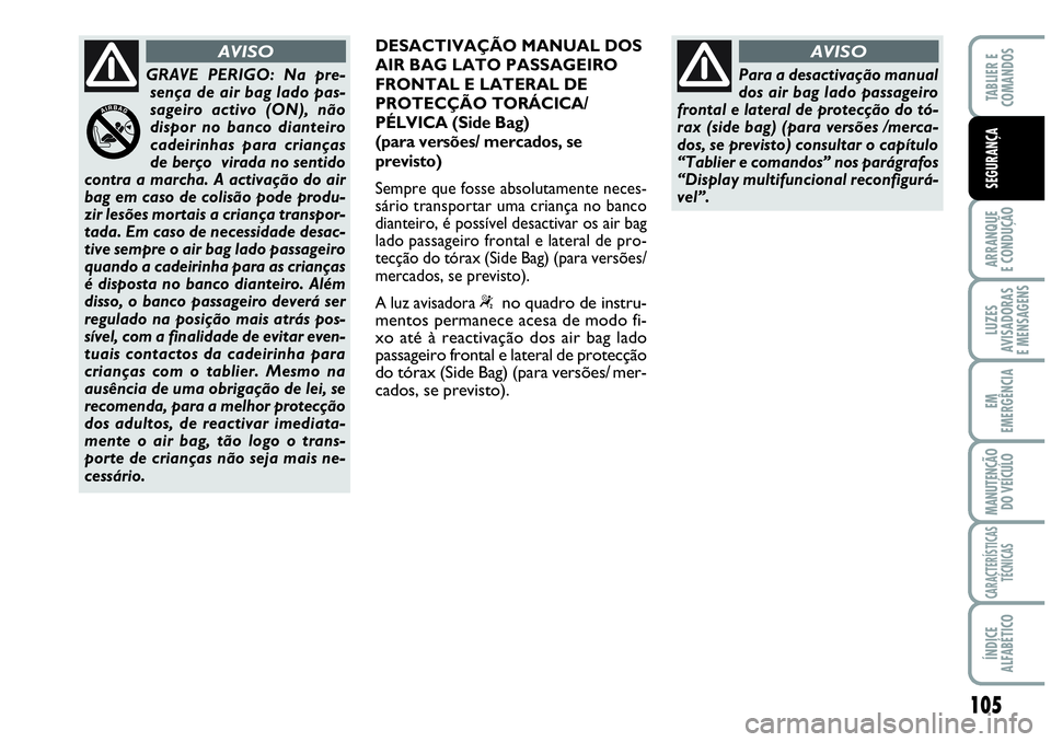 Abarth Grande Punto 2009 Manual de Uso e Manutenção (in Portuguese) 105
ARRANQUE
E CONDUÇÃO
LUZES
AVISADORAS
E MENSAGENS
EM
EMERGÊNCIA
MANUTENÇÃO
DO VEÍCULO
CARACTERÍSTICAS
TÉCNICAS
ÍNDICE
ALFABÉTICO
TABLIER E
COMANDOS
SEGURANÇA
DESACTIVAÇÃO MANUAL DOS
A Abarth Grande Punto 2009 Manual de Uso e Manutenção (in Portuguese) 105
ARRANQUE
E CONDUÇÃO
LUZES
AVISADORAS
E MENSAGENS
EM
EMERGÊNCIA
MANUTENÇÃO
DO VEÍCULO
CARACTERÍSTICAS
TÉCNICAS
ÍNDICE
ALFABÉTICO
TABLIER E
COMANDOS
SEGURANÇA
DESACTIVAÇÃO MANUAL DOS
A