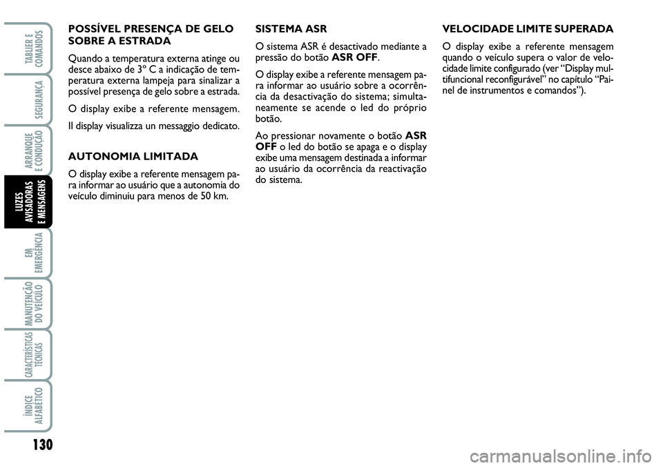 Abarth Grande Punto 2009 Manual de Uso e Manutenção (in Portuguese) 130
EM
EMERGÊNCIA
MANUTENÇÃO
DO VEÍCULO
CARACTERÍSTICAS
TÉCNICAS
ÍNDICE
ALFABÉTICO
TABLIER E
COMANDOS
SEGURANÇA
ARRANQUE
E CONDUÇÃO
LUZES
AVISADORAS
E MENSAGENS
POSSÍVEL PRESENÇA DE GELO
Abarth Grande Punto 2009 Manual de Uso e Manutenção (in Portuguese) 130
EM
EMERGÊNCIA
MANUTENÇÃO
DO VEÍCULO
CARACTERÍSTICAS
TÉCNICAS
ÍNDICE
ALFABÉTICO
TABLIER E
COMANDOS
SEGURANÇA
ARRANQUE
E CONDUÇÃO
LUZES
AVISADORAS
E MENSAGENS
POSSÍVEL PRESENÇA DE GELO