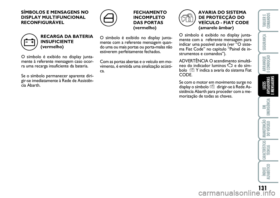 Abarth Grande Punto 2009 Manual de Uso e Manutenção (in Portuguese) 131
EM
EMERGÊNCIA
MANUTENÇÃO
DO VEÍCULO
CARACTERÍSTICAS
TÉCNICAS
ÍNDICE
ALFABÉTICO
TABLIER E
COMANDOS
SEGURANÇA
ARRANQUE
E CONDUÇÃO
LUZES
AVISADORAS
E MENSAGENS
AVARIA DO SISTEMA
DE PROTEC Abarth Grande Punto 2009 Manual de Uso e Manutenção (in Portuguese) 131
EM
EMERGÊNCIA
MANUTENÇÃO
DO VEÍCULO
CARACTERÍSTICAS
TÉCNICAS
ÍNDICE
ALFABÉTICO
TABLIER E
COMANDOS
SEGURANÇA
ARRANQUE
E CONDUÇÃO
LUZES
AVISADORAS
E MENSAGENS
AVARIA DO SISTEMA
DE PROTEC