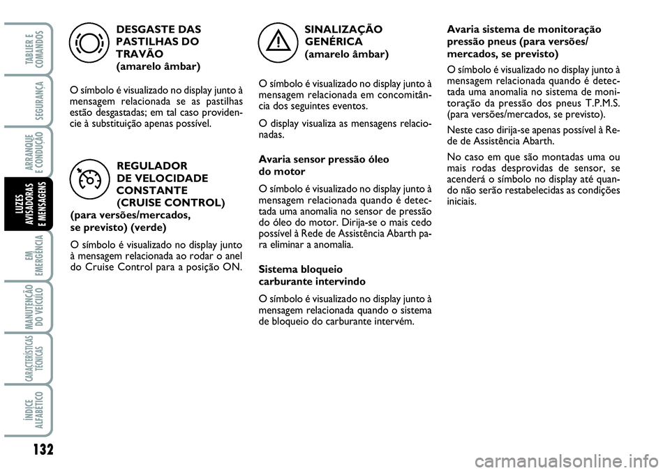 Abarth Grande Punto 2009 Manual de Uso e Manutenção (in Portuguese) 132
EM
EMERGÊNCIA
MANUTENÇÃO
DO VEÍCULO
CARACTERÍSTICAS
TÉCNICAS
ÍNDICE
ALFABÉTICO
TABLIER E
COMANDOS
SEGURANÇA
ARRANQUE
E CONDUÇÃO
LUZES
AVISADORAS
E MENSAGENS
SINALIZAÇÃO
GENÉRICA
(am Abarth Grande Punto 2009 Manual de Uso e Manutenção (in Portuguese) 132
EM
EMERGÊNCIA
MANUTENÇÃO
DO VEÍCULO
CARACTERÍSTICAS
TÉCNICAS
ÍNDICE
ALFABÉTICO
TABLIER E
COMANDOS
SEGURANÇA
ARRANQUE
E CONDUÇÃO
LUZES
AVISADORAS
E MENSAGENS
SINALIZAÇÃO
GENÉRICA
(am