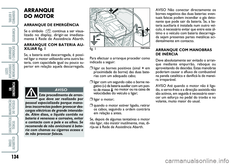 Abarth Grande Punto 2009 Manual de Uso e Manutenção (in Portuguese) ARRANQUE
DO MOTOR
ARRANQUE DE EMERGÊNCIA
Se o símbolo
Ycontinua a ser visua-
lizado no display, dirigir-se imediata-
mente à Rede de Assistência Abarth.
ARRANQUE COM BATERIA AU-
XILIAR fig. 1
Se Abarth Grande Punto 2009 Manual de Uso e Manutenção (in Portuguese) ARRANQUE
DO MOTOR
ARRANQUE DE EMERGÊNCIA
Se o símbolo
Ycontinua a ser visua-
lizado no display, dirigir-se imediata-
mente à Rede de Assistência Abarth.
ARRANQUE COM BATERIA AU-
XILIAR fig. 1
Se