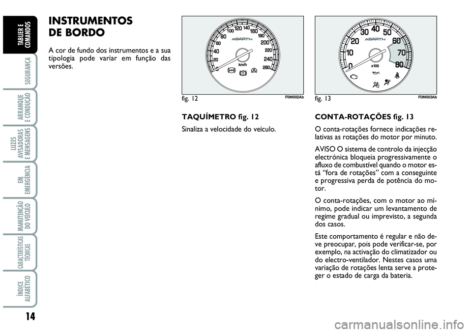 Abarth Grande Punto 2007  Manual de Uso e Manutenção (in Portuguese) 14
SEGURANÇA
ARRANQUE
E CONDUÇÃO
LUZES
AVISADORAS
E MENSAGENS
EM
EMERGÊNCIA
MANUTENÇÃO 
DO VEÍCULO
CARACTERÍSTICAS
TÉCNICAS
ÍNDICE
ALFABÉTICO
TABLIER E
COMANDOS
INSTRUMENTOS 
DE BORDO 
A co