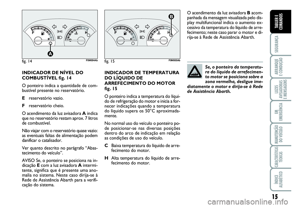 Abarth Grande Punto 2009 Manual de Uso e Manutenção (in Portuguese) 15
SEGURANÇA
ARRANQUE
E CONDUÇÃO
LUZES
AVISADORAS
E MENSAGENS
EM
EMERGÊNCIA
MANUTENÇÃO
DO VEÍCULO
CARACTERÍSTICAS
TÉCNICAS
ÍNDICE
ALFABÉTICO
TABLIER E
COMANDOS
INDICADOR DE NÍVEL DO
COMBU Abarth Grande Punto 2009 Manual de Uso e Manutenção (in Portuguese) 15
SEGURANÇA
ARRANQUE
E CONDUÇÃO
LUZES
AVISADORAS
E MENSAGENS
EM
EMERGÊNCIA
MANUTENÇÃO
DO VEÍCULO
CARACTERÍSTICAS
TÉCNICAS
ÍNDICE
ALFABÉTICO
TABLIER E
COMANDOS
INDICADOR DE NÍVEL DO
COMBU
