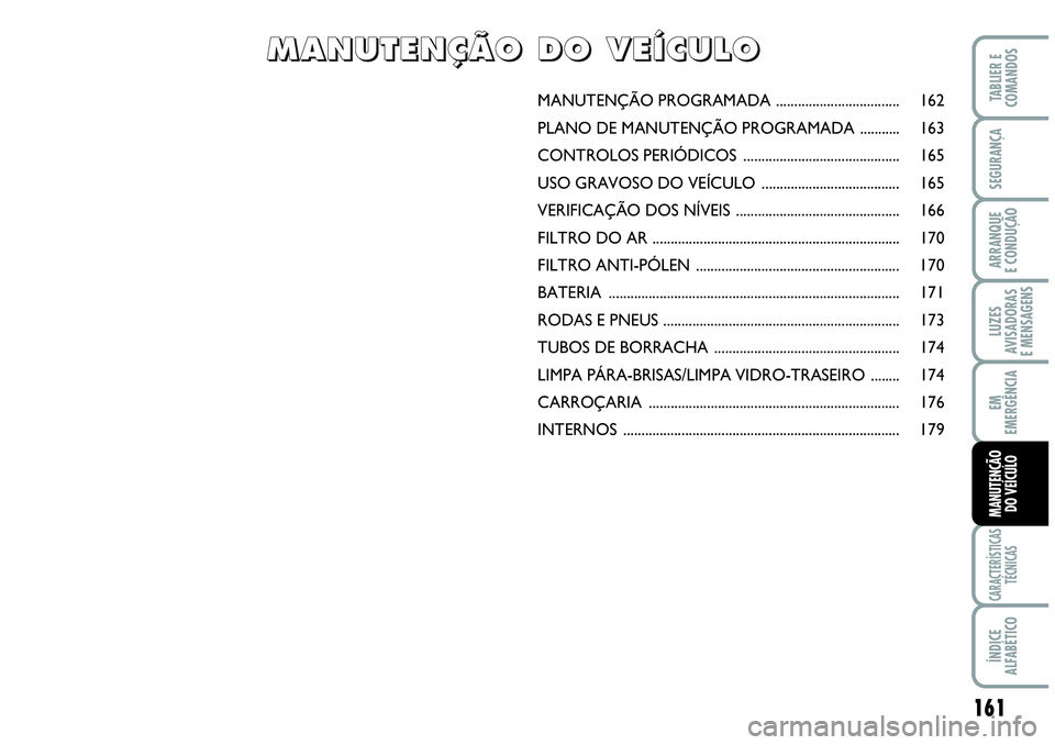 Abarth Grande Punto 2009 Manual de Uso e Manutenção (in Portuguese) 161
LUZES
AVISADORAS
E MENSAGENS
CARACTERÍSTICAS
TÉCNICAS
ÍNDICE
ALFABÉTICO
TABLIER E
COMANDOS
SEGURANÇA
ARRANQUE
E CONDUÇÃO
EM
EMERGÊNCIA
MANUTENÇÃO
DO VEÍCULO
MANUTENÇÃO PROGRAMADA .... Abarth Grande Punto 2009 Manual de Uso e Manutenção (in Portuguese) 161
LUZES
AVISADORAS
E MENSAGENS
CARACTERÍSTICAS
TÉCNICAS
ÍNDICE
ALFABÉTICO
TABLIER E
COMANDOS
SEGURANÇA
ARRANQUE
E CONDUÇÃO
EM
EMERGÊNCIA
MANUTENÇÃO
DO VEÍCULO
MANUTENÇÃO PROGRAMADA ....
