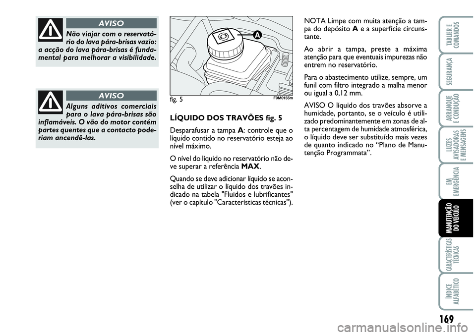 Abarth Grande Punto 2009  Manual de Uso e Manutenção (in Portuguese) 169
LUZES
AVISADORAS
E MENSAGENS
CARACTERÍSTICAS
TÉCNICAS
ÍNDICE
ALFABÉTICO
TABLIER E
COMANDOS
SEGURANÇA
ARRANQUE
E CONDUÇÃO
EM
EMERGÊNCIA
MANUTENÇÃO
DO VEÍCULO
LÍQUIDO DOS TRAVÕES fig. 5