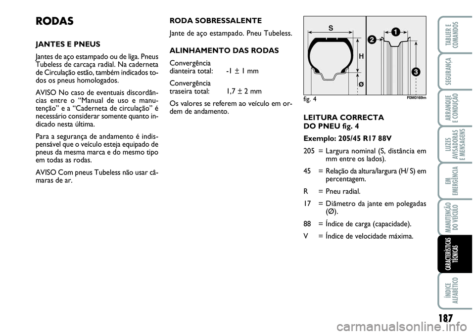 Abarth Grande Punto 2009  Manual de Uso e Manutenção (in Portuguese) 187
LUZES
AVISADORAS
E MENSAGENS
ÍNDICE
ALFABÉTICO
TABLIER E
COMANDOS
SEGURANÇA
ARRANQUE
E CONDUÇÃO
EM
EMERGÊNCIA
MANUTENÇÃO
DO VEÍCULO
CARACTERÍSTICAS
TÉCNICAS
LEITURA CORRECTA 
DO PNEU fi