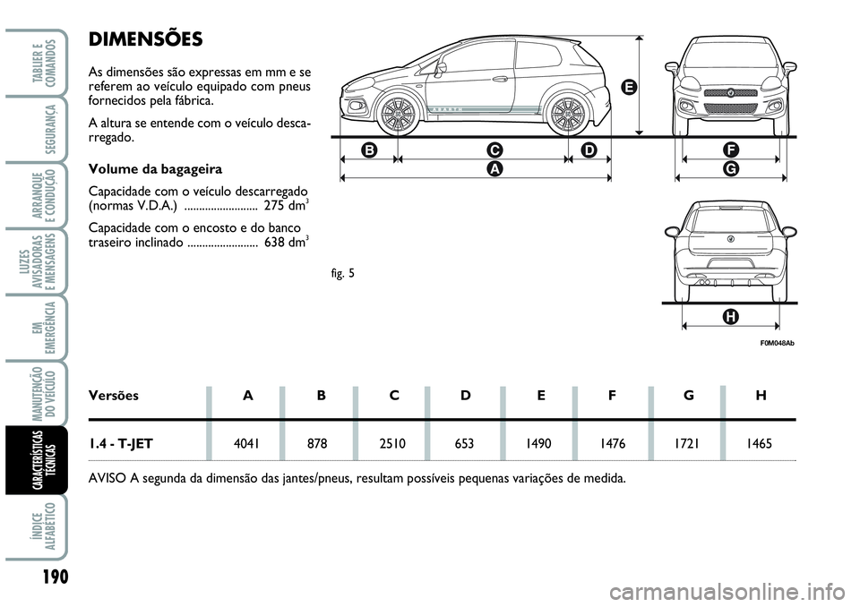 Abarth Grande Punto 2009 Manual de Uso e Manutenção (in Portuguese) 190
LUZES
AVISADORAS
E MENSAGENS
ÍNDICE
ALFABÉTICO
TABLIER E
COMANDOS
SEGURANÇA
ARRANQUE
E CONDUÇÃO
EM
EMERGÊNCIA
MANUTENÇÃO
DO VEÍCULO
CARACTERÍSTICAS
TÉCNICAS
DIMENSÕES
As dimensões sã Abarth Grande Punto 2009 Manual de Uso e Manutenção (in Portuguese) 190
LUZES
AVISADORAS
E MENSAGENS
ÍNDICE
ALFABÉTICO
TABLIER E
COMANDOS
SEGURANÇA
ARRANQUE
E CONDUÇÃO
EM
EMERGÊNCIA
MANUTENÇÃO
DO VEÍCULO
CARACTERÍSTICAS
TÉCNICAS
DIMENSÕES
As dimensões sã