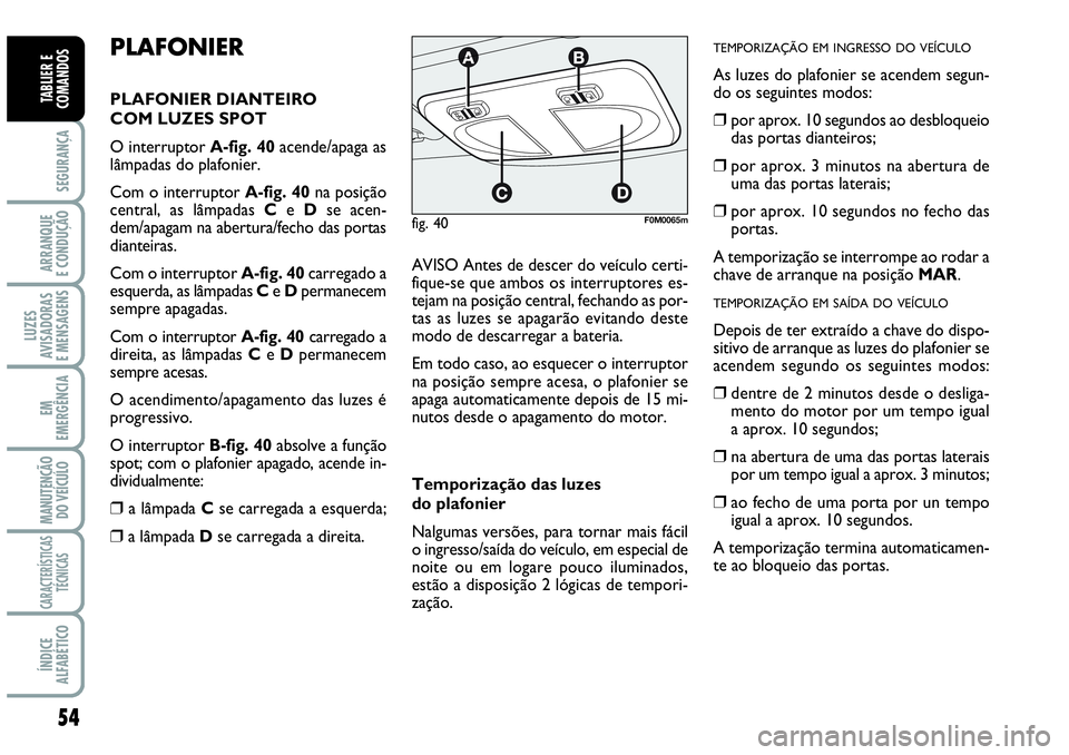 Abarth Grande Punto 2007  Manual de Uso e Manutenção (in Portuguese) 54
SEGURANÇA
ARRANQUE
E CONDUÇÃO
LUZES
AVISADORAS
E MENSAGENS
EM
EMERGÊNCIA
MANUTENÇÃO 
DO VEÍCULO
CARACTERÍSTICAS
TÉCNICAS
ÍNDICE
ALFABÉTICO
TABLIER E
COMANDOS
PLAFONIER
PLAFONIER DIANTEIR