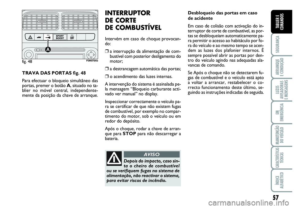 Abarth Grande Punto 2009 Manual de Uso e Manutenção (in Portuguese) 57
SEGURANÇA
ARRANQUE
E CONDUÇÃO
LUZES
AVISADORAS
E MENSAGENS
EM
EMERGÊNCIA
MANUTENÇÃO
DO VEÍCULO
CARACTERÍSTICAS
TÉCNICAS
ÍNDICE
ALFABÉTICO
TABLIER E
COMANDOS
TRAVA DAS PORTAS fig. 48
Par Abarth Grande Punto 2009 Manual de Uso e Manutenção (in Portuguese) 57
SEGURANÇA
ARRANQUE
E CONDUÇÃO
LUZES
AVISADORAS
E MENSAGENS
EM
EMERGÊNCIA
MANUTENÇÃO
DO VEÍCULO
CARACTERÍSTICAS
TÉCNICAS
ÍNDICE
ALFABÉTICO
TABLIER E
COMANDOS
TRAVA DAS PORTAS fig. 48
Par