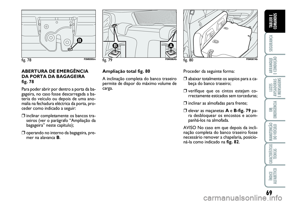 Abarth Grande Punto 2009  Manual de Uso e Manutenção (in Portuguese) 69
SEGURANÇA
ARRANQUE
E CONDUÇÃO
LUZES
AVISADORAS
E MENSAGENS
EM
EMERGÊNCIA
MANUTENÇÃO 
DO VEÍCULO
CARACTERÍSTICAS
TÉCNICAS
ÍNDICE
ALFABÉTICO
TABLIER E
COMANDOS
ABERTURA DE EMERGÊNCIA 
DA 