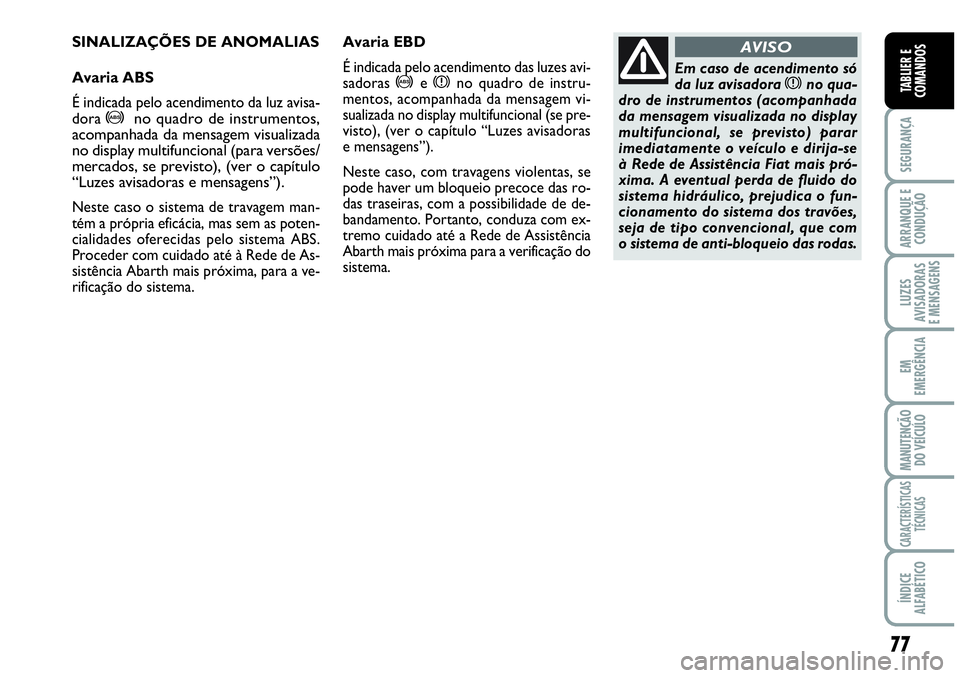 Abarth Grande Punto 2009  Manual de Uso e Manutenção (in Portuguese) 77
SEGURANÇA 
ARRANQUE E
CONDUÇÃO 
LUZES
AVISADORAS 
E MENSAGENS 
EM
EMERGÊNCIA 
MANUTENÇÃO
DO VEÍCULO 
CARACTERÍSTICAS
TÉCNICAS 
ÍNDICE
ALFABÉTICO
TABLIER E
COMANDOS
Avaria EBD
É indicada