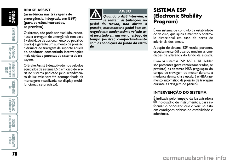 Abarth Grande Punto 2009  Manual de Uso e Manutenção (in Portuguese) 78
SEGURANÇA 
ARRANQUE E
CONDUÇÃO 
LUZES
AVISADORAS 
E MENSAGENS 
EM
EMERGÊNCIA 
MANUTENÇÃO
DO VEÍCULO 
CARACTERÍSTICAS
TÉCNICAS 
ÍNDICE
ALFABÉTICO
TABLIER E
COMANDOS
BRAKE ASSIST
(assistê