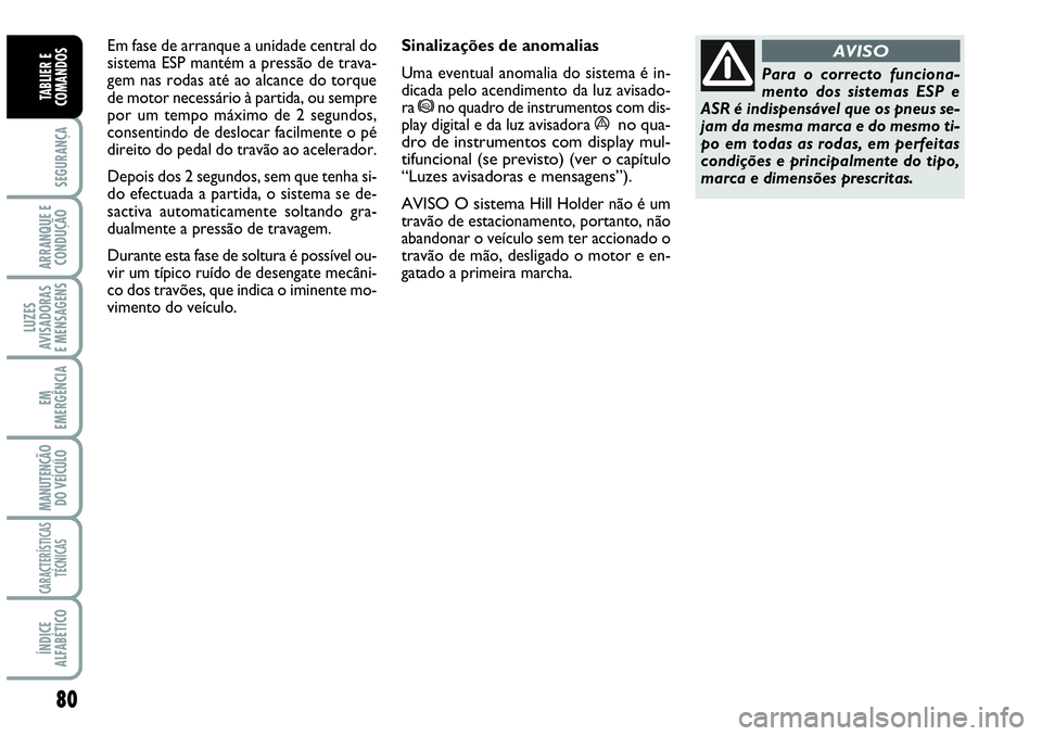 Abarth Grande Punto 2009 Manual de Uso e Manutenção (in Portuguese) 80
SEGURANÇA
ARRANQUE E
CONDUÇÃO
LUZES
AVISADORAS
E MENSAGENS
EM
EMERGÊNCIA
MANUTENÇÃO
DO VEÍCULO
CARACTERÍSTICAS
TÉCNICAS
ÍNDICE
ALFABÉTICO
TABLIER E
COMANDOS
Para o correcto funcio Abarth Grande Punto 2009 Manual de Uso e Manutenção (in Portuguese) 80
SEGURANÇA
ARRANQUE E
CONDUÇÃO
LUZES
AVISADORAS
E MENSAGENS
EM
EMERGÊNCIA
MANUTENÇÃO
DO VEÍCULO
CARACTERÍSTICAS
TÉCNICAS
ÍNDICE
ALFABÉTICO
TABLIER E
COMANDOS
Para o correcto funcio