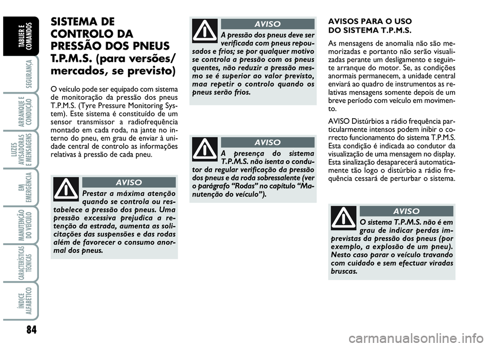 Abarth Grande Punto 2009 Manual de Uso e Manutenção (in Portuguese) 84
SEGURANÇA
ARRANQUE E
CONDUÇÃO
LUZES
AVISADORAS
E MENSAGENS
EM
EMERGÊNCIA
MANUTENÇÃO
DO VEÍCULO
CARACTERÍSTICAS
TÉCNICAS
ÍNDICE
ALFABÉTICO
TABLIER E
COMANDOS
SISTEMA DE
CONTROLO DA Abarth Grande Punto 2009 Manual de Uso e Manutenção (in Portuguese) 84
SEGURANÇA
ARRANQUE E
CONDUÇÃO
LUZES
AVISADORAS
E MENSAGENS
EM
EMERGÊNCIA
MANUTENÇÃO
DO VEÍCULO
CARACTERÍSTICAS
TÉCNICAS
ÍNDICE
ALFABÉTICO
TABLIER E
COMANDOS
SISTEMA DE
CONTROLO DA