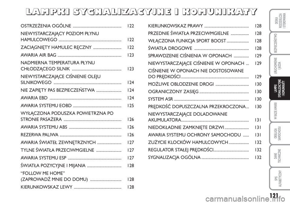 Abarth Grande Punto 2010 Instrukcja obsługi (in Polish) 121
DESKA
ROZDZIELCZA
I STEROWANIA
BEZPIECZEŃSTWO
URUCHOMIENIE
I JAZDA
W RAZIE AWARII
OBSŁUGA
SAMOCHODU
DANE
TECHNICZNE
SPIS
ALFABETYCZNY
LAMPKI
SYGNALIZACYJNE
I KOMUNIKATY
OSTRZEŻENIA OGÓLNE Abarth Grande Punto 2010 Instrukcja obsługi (in Polish) 121
DESKA
ROZDZIELCZA
I STEROWANIA
BEZPIECZEŃSTWO
URUCHOMIENIE
I JAZDA
W RAZIE AWARII
OBSŁUGA
SAMOCHODU
DANE
TECHNICZNE
SPIS
ALFABETYCZNY
LAMPKI
SYGNALIZACYJNE
I KOMUNIKATY
OSTRZEŻENIA OGÓLNE