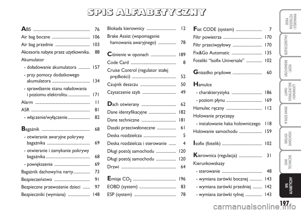 Abarth Grande Punto 2009  Instrukcja obsługi (in Polish) 197
DESKA
ROZDZIELCZA 
I STEROWANIA
BEZPIECZEŃSTWO
URUCHOMIENIE 
I JAZDA
LAMPKI
SYGNALIZACYJNE 
I KOMUNIKATY
W RAZIE AWARII
OBSŁUGA
SAMOCHODU
DANE 
TECHNICZNE
SPIS 
ALFABETYCZNY
Blokada kierownicy .