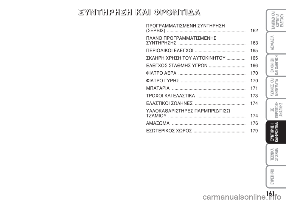Abarth Grande Punto 2010 ΒΙΒΛΙΟ ΧΡΗΣΗΣ ΚΑΙ ΣΥΝΤΗΡΗΣΗΣ (in Greek) 161
ΑΣΦΑΛΕΙΑ
ΕΚΚΙΝΗΣΗ
ΚΑΙ ΟΔΗΓΗΣΗ
ΛΥΧΝΙΕΣ ΚΑΙ
ΜΗΝΥΜΑΤΑ
ΣΕ
ΠΕΡΙΠΤΩΣΗ
ΑΝΑΓΚΗΣ
ΤΕΧΝΙΚΑ
ΣΤΟΙΧΕΙΑ
ΕΥΡΕΤΗΡΙΟ
ΤΑΜΠ Abarth Grande Punto 2010 ΒΙΒΛΙΟ ΧΡΗΣΗΣ ΚΑΙ ΣΥΝΤΗΡΗΣΗΣ (in Greek) 161
ΑΣΦΑΛΕΙΑ
ΕΚΚΙΝΗΣΗ
ΚΑΙ ΟΔΗΓΗΣΗ
ΛΥΧΝΙΕΣ ΚΑΙ
ΜΗΝΥΜΑΤΑ
ΣΕ
ΠΕΡΙΠΤΩΣΗ
ΑΝΑΓΚΗΣ
ΤΕΧΝΙΚΑ
ΣΤΟΙΧΕΙΑ
ΕΥΡΕΤΗΡΙΟ
ΤΑΜΠ