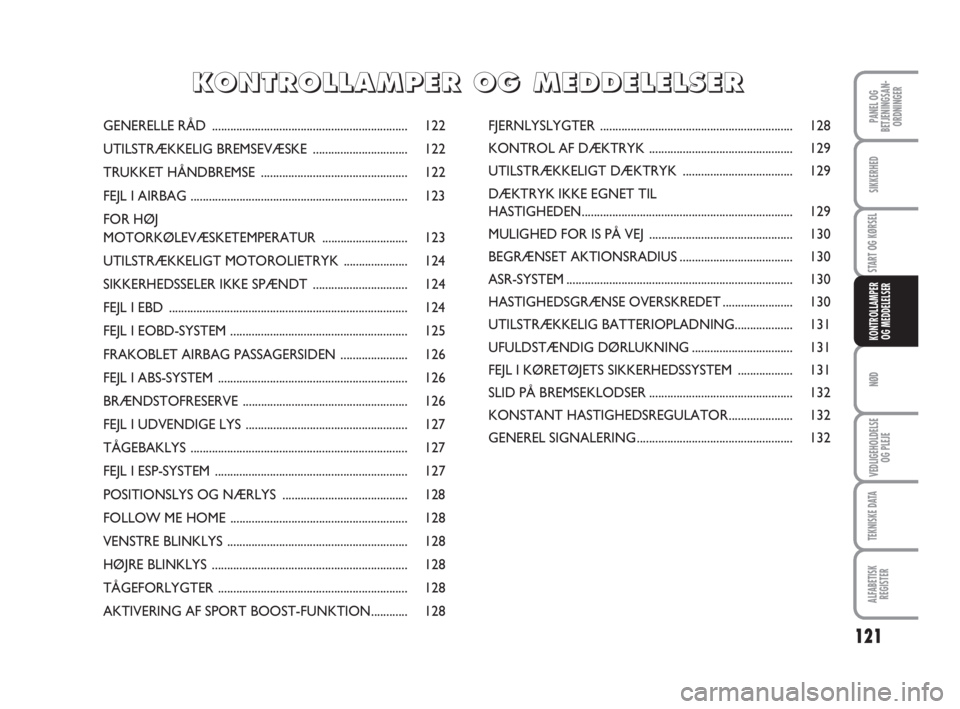 Abarth Grande Punto 2009  Brugs- og vedligeholdelsesvejledning (in Danish) 121
PANEL OG
BETJENINGSAN-
ORDNINGER
SIKKERHED
START OG KØRSEL
NØD
VEDLIGEHOLDELSE
OG PLEJE
TEKNISKE DATA
ALFABETISK
REGISTER
KONTROLLAMPER
OG MEDDELELSER
GENERELLE RÅD ............................