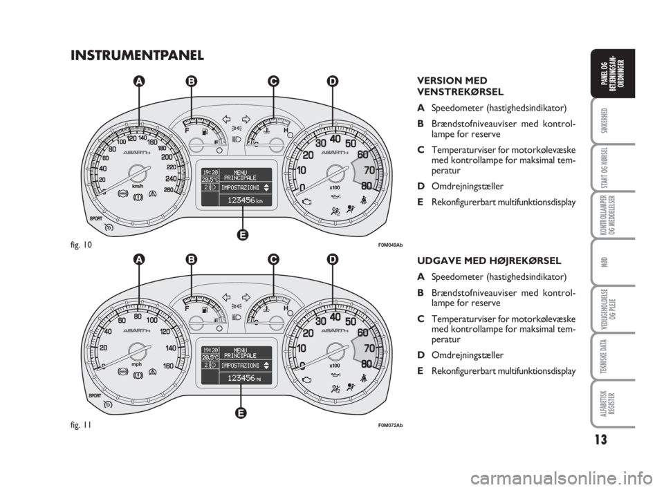 Abarth Grande Punto 2009  Brugs- og vedligeholdelsesvejledning (in Danish) 13
SIKKERHED
START OG KØRSEL
KONTROLLAMPER
OG MEDDELELSER
NØD
VEDLIGEHOLDELSE
OG PLEJE
TEKNISKE DATA
ALFABETISK
REGISTER
PANEL OG
BETJENINGSAN-
ORDNINGER
INSTRUMENTPANEL
VERSION MED
VENSTREKØRSEL
A