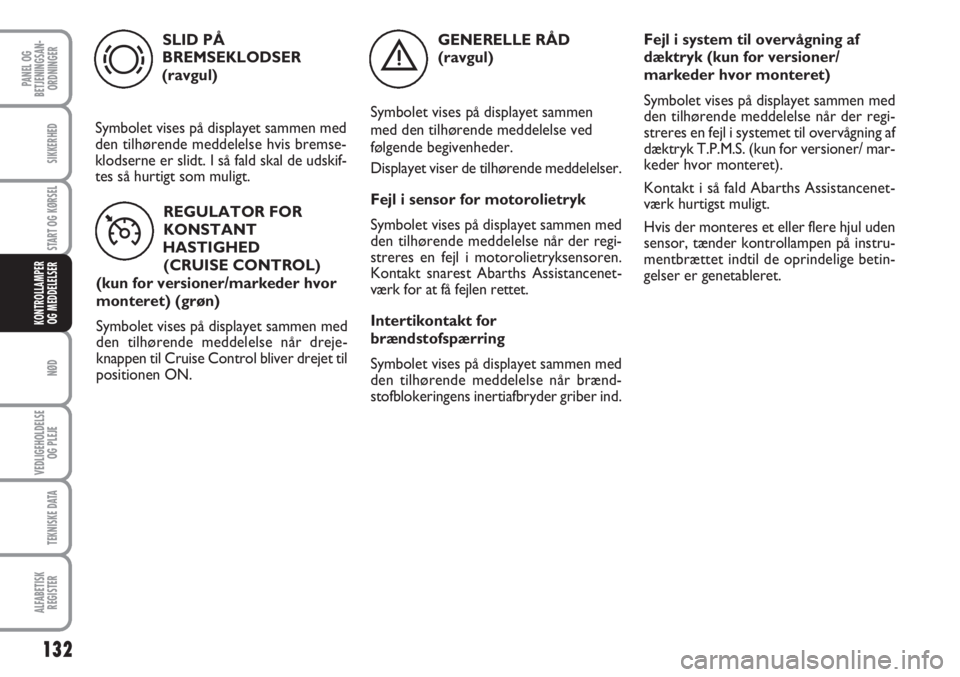 Abarth Grande Punto 2010  Brugs- og vedligeholdelsesvejledning (in Danish) 132
PANEL OG
BETJENINGSAN-
ORDNINGER
SIKKERHED
START OG KØRSEL
NØD
VEDLIGEHOLDELSE
OG PLEJE
TEKNISKE DATA
ALFABETISK
REGISTER
KONTROLLAMPER
OG MEDDELELSER
SLID PÅ
BREMSEKLODSER
(ravgul)
Symbolet vi Abarth Grande Punto 2010  Brugs- og vedligeholdelsesvejledning (in Danish) 132
PANEL OG
BETJENINGSAN-
ORDNINGER
SIKKERHED
START OG KØRSEL
NØD
VEDLIGEHOLDELSE
OG PLEJE
TEKNISKE DATA
ALFABETISK
REGISTER
KONTROLLAMPER
OG MEDDELELSER
SLID PÅ
BREMSEKLODSER
(ravgul)
Symbolet vi