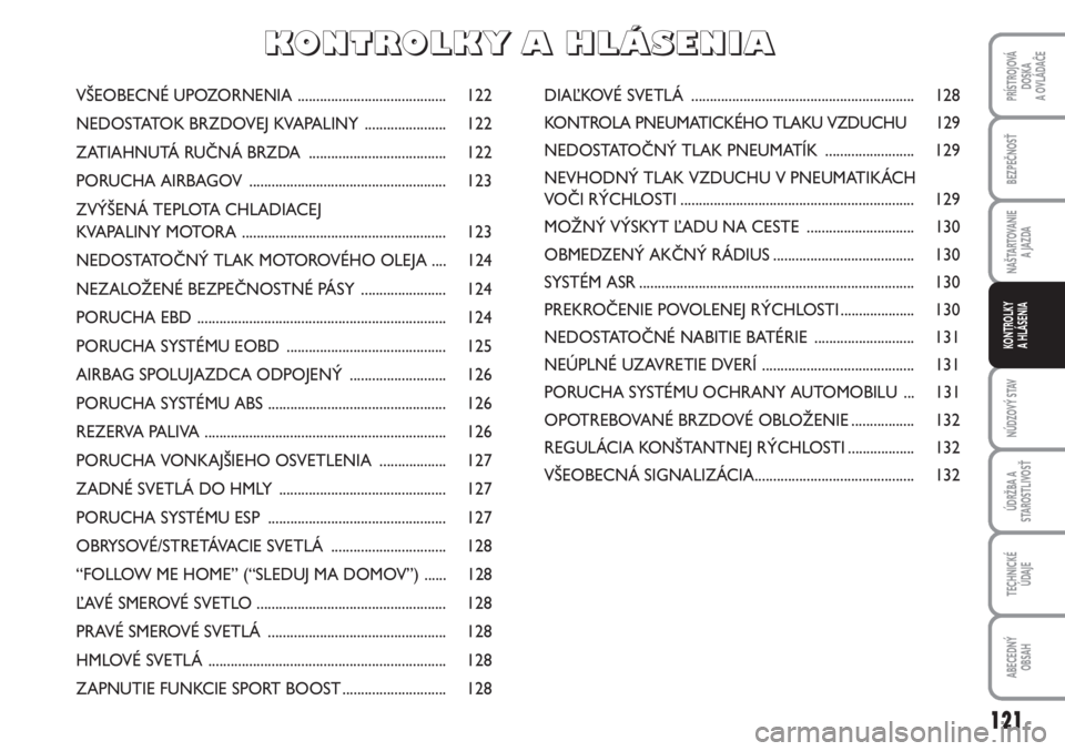 Abarth Grande Punto 2009  Návod na použitie a údržbu (in Slovak) 121
PRÍSTROJOVÁ 
DOSKA 
A OVLÁDAĈE
BEZPEČNOSŤ
NAŠTARTOVANIE 
A JAZDA
NÚDZOVÝ STAV
ÚDRŽBA A
STAROSTLIVOSŤ
TECHNICKÉ 
ÚDAJE
ABECEDNÝ 
OBSAH
KONTROLKY 
A HLÁSENIA
VŠEOBECNÉ UPOZORNENIA 