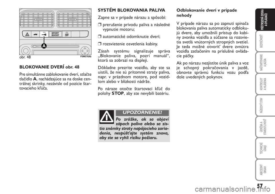 Abarth Grande Punto 2010  Návod na použitie a údržbu (in Slovak) 57
BEZPEČNOSŤ
NAŠTARTOVANIE 
A JAZDA
KONTROLKY 
A HLÁSENIA
NÚDZOVÝ STAV
ÚDRŽBA A
STAROSTLIVOSŤ
TECHNICKÉ 
ÚDAJE
ABECEDNÝ 
OBSAH
PRÍSTROJOVÁ DOSKA 
A OVLÁDAĈE
Odblokovanie dverí v prí
