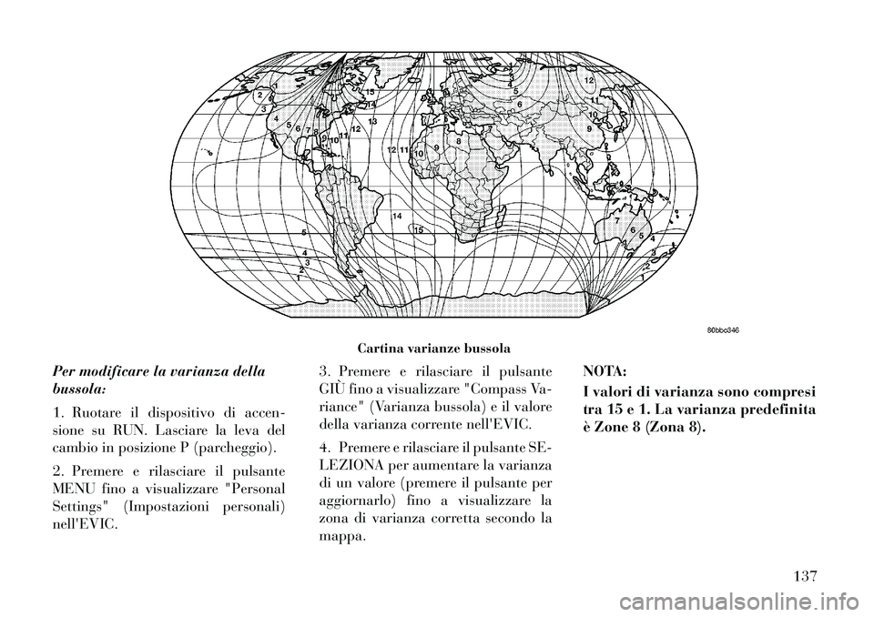 Lancia Flavia 2012  Libretto Uso Manutenzione (in Italian) Per modificare la varianza della
bussola:
1. Ruotare il dispositivo di accen-
sione su RUN. Lasciare la leva del
cambio in posizione P (parcheggio).
2. Premere e rilasciare il pulsante
MENU fino a vis