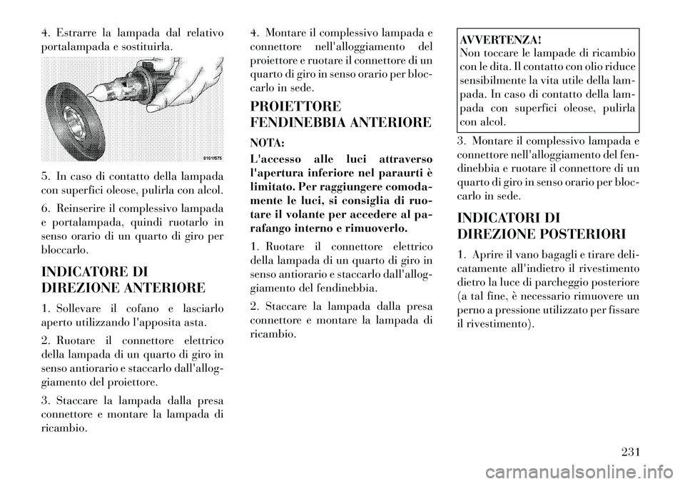 Lancia Flavia 2012  Libretto Uso Manutenzione (in Italian) 4. Estrarre la lampada dal relativo
portalampada e sostituirla.
5. In caso di contatto della lampada
con superfici oleose, pulirla con alcol.
6. Reinserire il complessivo lampada
e portalampada, quind
