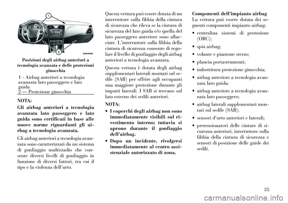 Lancia Flavia 2012 Libretto Uso Manutenzione (in Italian) NOTA:
Gli airbag anteriori a tecnologia
avanzata lato passeggero e lato
guida sono certificati in base alle
nuove norme riguardanti gli ai-
rbag a tecnologia avanzata.
Gli airbag anteriori a tecnologi Lancia Flavia 2012 Libretto Uso Manutenzione (in Italian) NOTA:
Gli airbag anteriori a tecnologia
avanzata lato passeggero e lato
guida sono certificati in base alle
nuove norme riguardanti gli ai-
rbag a tecnologia avanzata.
Gli airbag anteriori a tecnologi