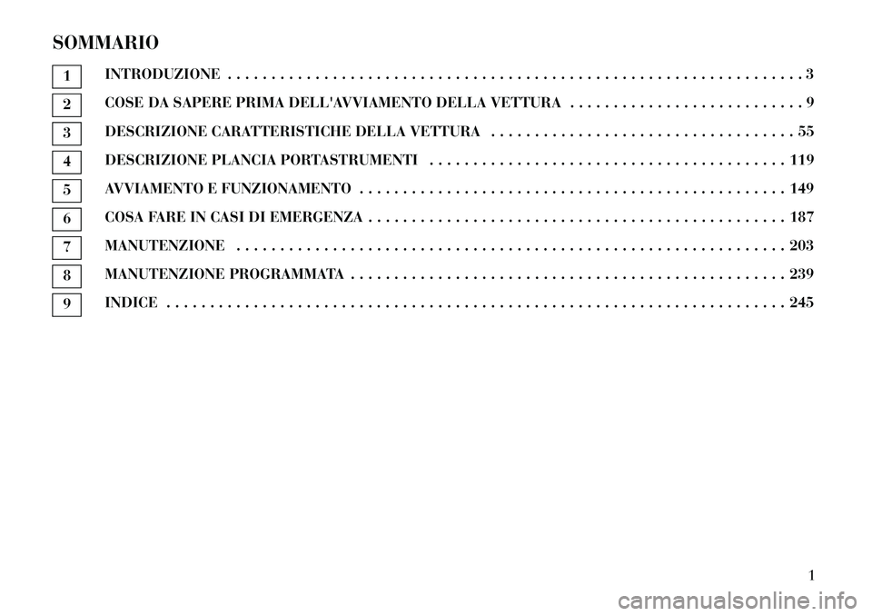 Lancia Flavia 2012  Libretto Uso Manutenzione (in Italian) SOMMARIO1INTRODUZIONE . . . . . . . . . . . . . . . . . . . . . . . . . . . . . . . . . . . . . . . . . . . . . . . . . . . . . . . . . . . . . . . . . . 32COSE DA SAPERE PRIMA DELLAVVIAMENTO DELLA V