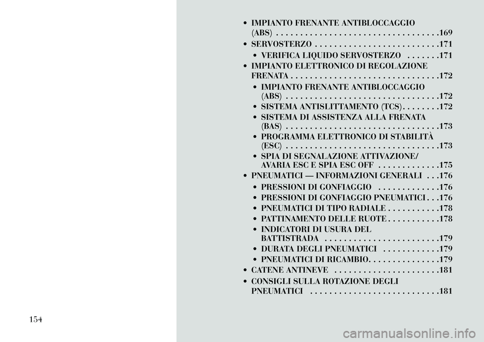 Lancia Flavia 2013 Libretto Uso Manutenzione (in Italian) IMPIANTO FRENANTE ANTIBLOCCAGGIO(ABS) . . . . . . . . . . . . . . . . . . . . . . . . . . . . . . . . . .169
SERVOSTERZO . . . . . . . . . . . . . . . . . . . . . . . . . .171 VERIFICA LIQUIDO S Lancia Flavia 2013 Libretto Uso Manutenzione (in Italian) IMPIANTO FRENANTE ANTIBLOCCAGGIO(ABS) . . . . . . . . . . . . . . . . . . . . . . . . . . . . . . . . . .169
SERVOSTERZO . . . . . . . . . . . . . . . . . . . . . . . . . .171 VERIFICA LIQUIDO S