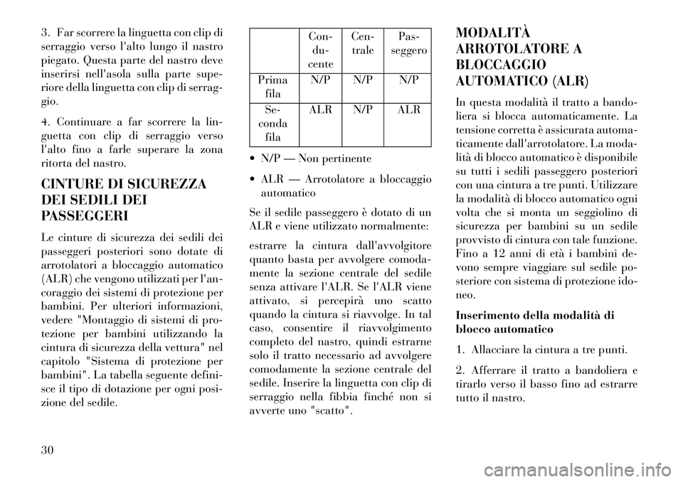 Lancia Flavia 2013 Libretto Uso Manutenzione (in Italian) 3. Far scorrere la linguetta con clip di
serraggio verso lalto lungo il nastro
piegato. Questa parte del nastro deve
inserirsi nellasola sulla parte supe-
riore della linguetta con clip di serrag-
g Lancia Flavia 2013 Libretto Uso Manutenzione (in Italian) 3. Far scorrere la linguetta con clip di
serraggio verso lalto lungo il nastro
piegato. Questa parte del nastro deve
inserirsi nellasola sulla parte supe-
riore della linguetta con clip di serrag-
g