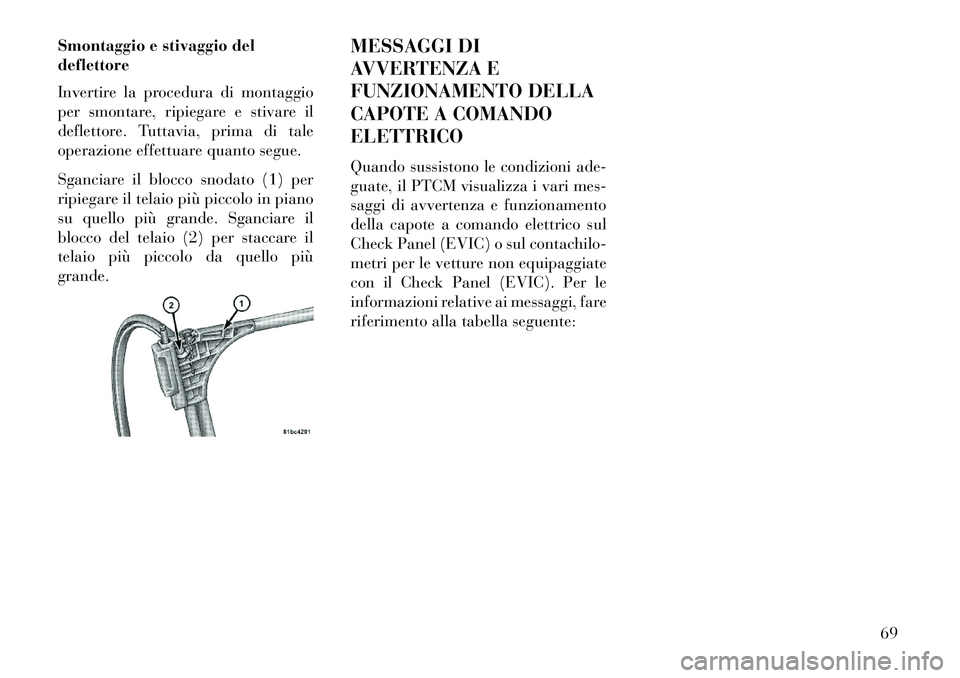 Lancia Flavia 2013 Libretto Uso Manutenzione (in Italian) Smontaggio e stivaggio del
deflettore
Invertire la procedura di montaggio
per smontare, ripiegare e stivare il
deflettore. Tuttavia, prima di tale
operazione effettuare quanto segue.
Sganciare il bloc Lancia Flavia 2013 Libretto Uso Manutenzione (in Italian) Smontaggio e stivaggio del
deflettore
Invertire la procedura di montaggio
per smontare, ripiegare e stivare il
deflettore. Tuttavia, prima di tale
operazione effettuare quanto segue.
Sganciare il bloc