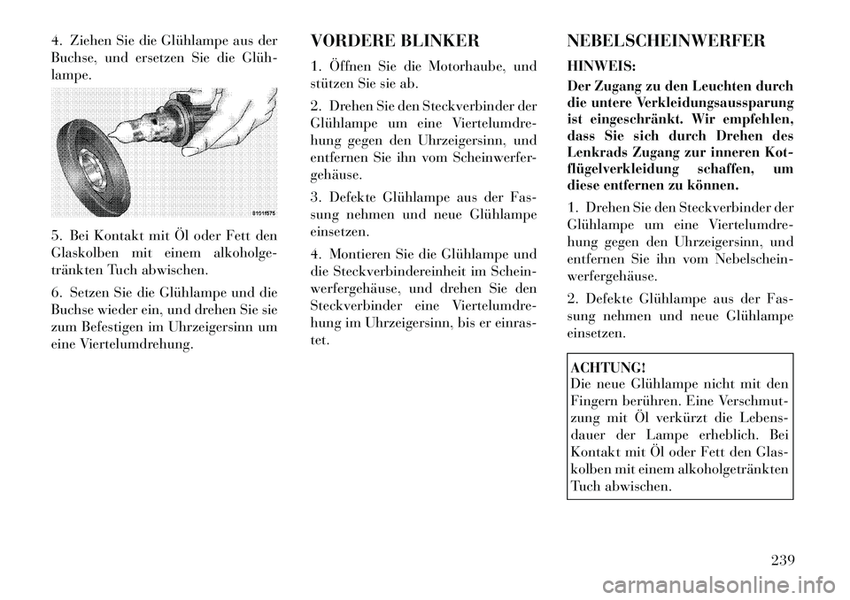 Lancia Flavia 2012 Betriebsanleitung (in German) 4. Ziehen Sie die Glühlampe aus der
Buchse, und ersetzen Sie die GlühÂ
lampe.
5. Bei Kontakt mit Öl oder Fett den
Glaskolben mit einem alkoholge-
tränkten Tuch abwischen.
6. Setzen Sie die Glühl Lancia Flavia 2012 Betriebsanleitung (in German) 4. Ziehen Sie die Glühlampe aus der
Buchse, und ersetzen Sie die GlühÂ
lampe.
5. Bei Kontakt mit Öl oder Fett den
Glaskolben mit einem alkoholge-
tränkten Tuch abwischen.
6. Setzen Sie die Glühl