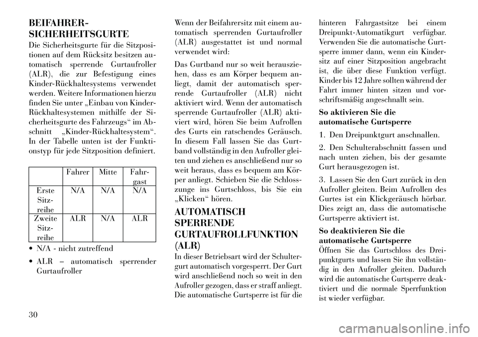 Lancia Flavia 2012  Betriebsanleitung (in German) BEIFAHRER-
SICHERHEITSGURTE
Die Sicherheitsgurte für die Sitzposi-
tionen auf dem Rücksitz besitzen au-
tomatisch sperrende Gurtaufroller
(ALR), die zur Befestigung eines
Kinder­Rückhaltesystems v